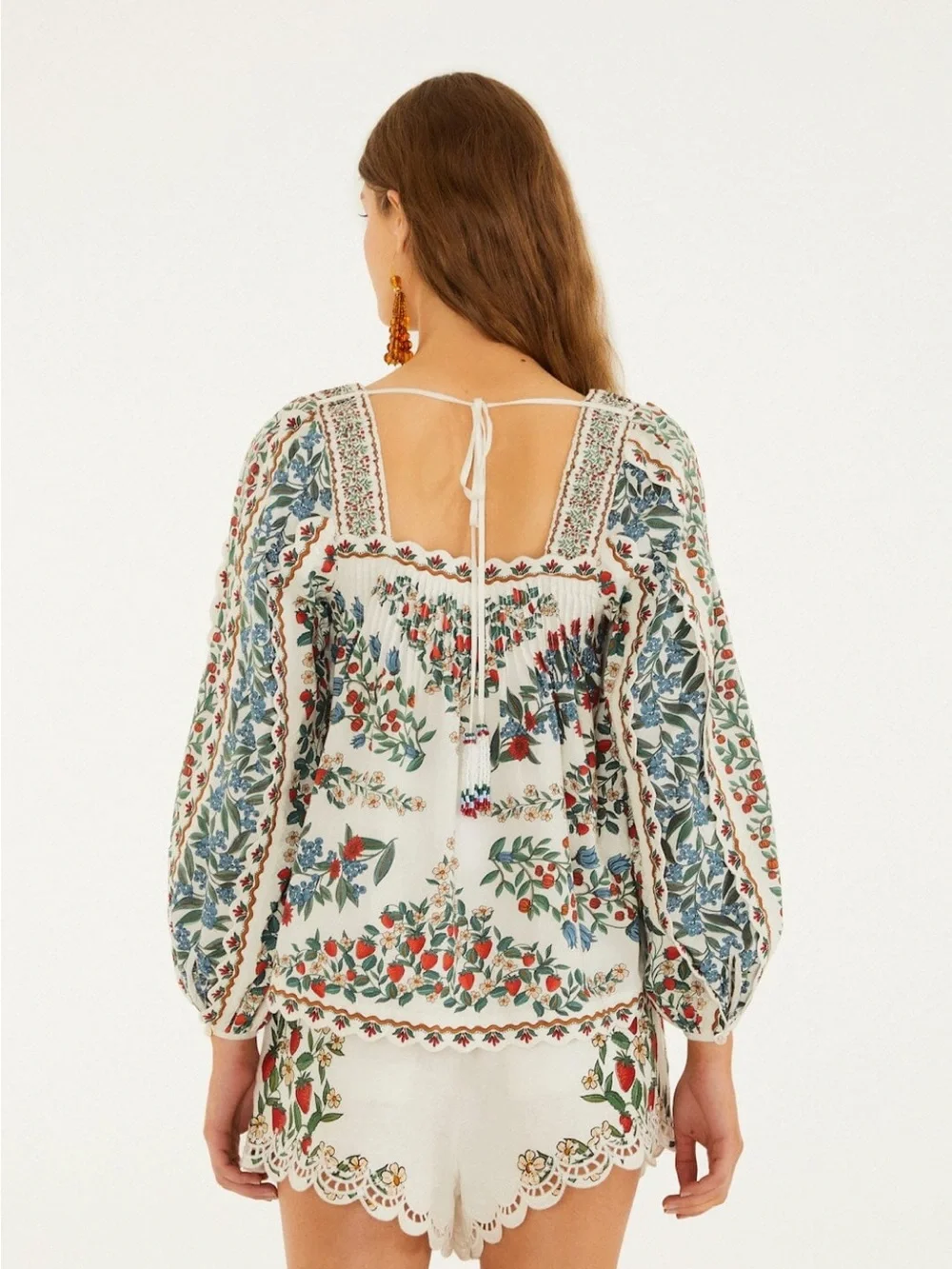 FARM Rio Ivory Peasant Blouse with Multicolor Floral Print